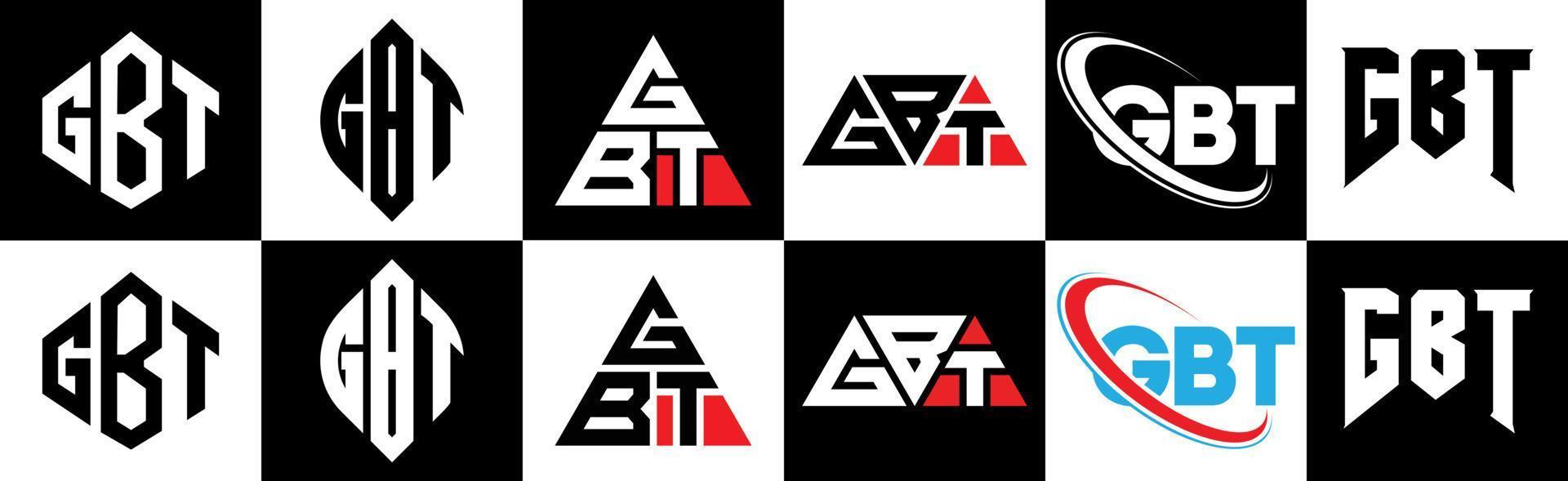 gbt-brief-logo-design in sechs stilen. gbt polygon, kreis, dreieck, sechseck, flacher und einfacher stil mit schwarz-weißem buchstabenlogo in einer zeichenfläche. gbt minimalistisches und klassisches Logo vektor
