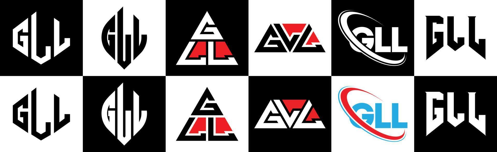 gll brev logotyp design i sex stil. gll polygon, cirkel, triangel, sexhörning, platt och enkel stil med svart och vit Färg variation brev logotyp uppsättning i ett rittavla. gll minimalistisk och klassisk logotyp vektor