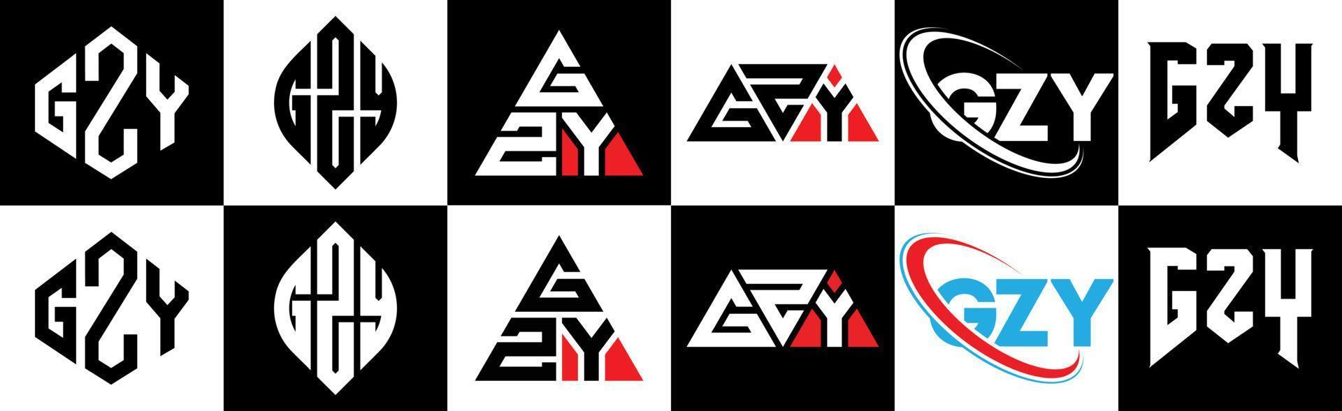 gzy brev logotyp design i sex stil. gzy polygon, cirkel, triangel, sexhörning, platt och enkel stil med svart och vit Färg variation brev logotyp uppsättning i ett rittavla. gzy minimalistisk och klassisk logotyp vektor