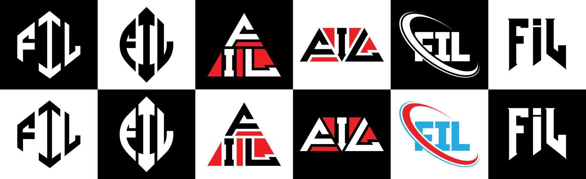 fil brev logotyp design i sex stil. fil polygon, cirkel, triangel, sexhörning, platt och enkel stil med svart och vit Färg variation brev logotyp uppsättning i ett rittavla. fil minimalistisk och klassisk logotyp vektor