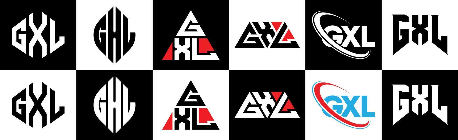 gxl-Buchstaben-Logo-Design in sechs Stilen. gxl polygon, kreis, dreieck, sechseck, flacher und einfacher stil mit schwarz-weißem buchstabenlogo in einer zeichenfläche. gxl minimalistisches und klassisches logo vektor