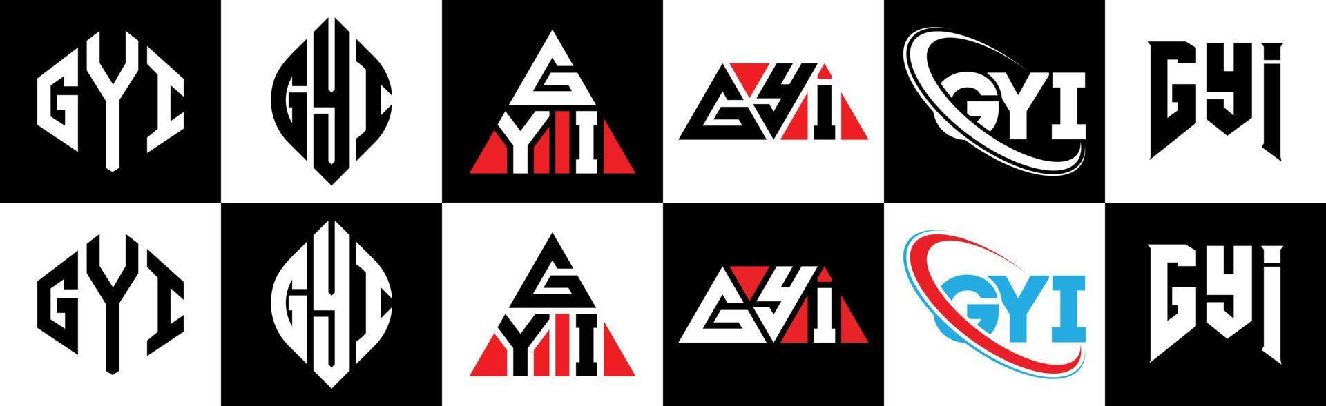 gyi-Buchstaben-Logo-Design in sechs Stilen. gyi polygon, kreis, dreieck, hexagon, flacher und einfacher stil mit schwarz-weißem farbvariationsbuchstabenlogo in einer zeichenfläche. gyi minimalistisches und klassisches logo vektor