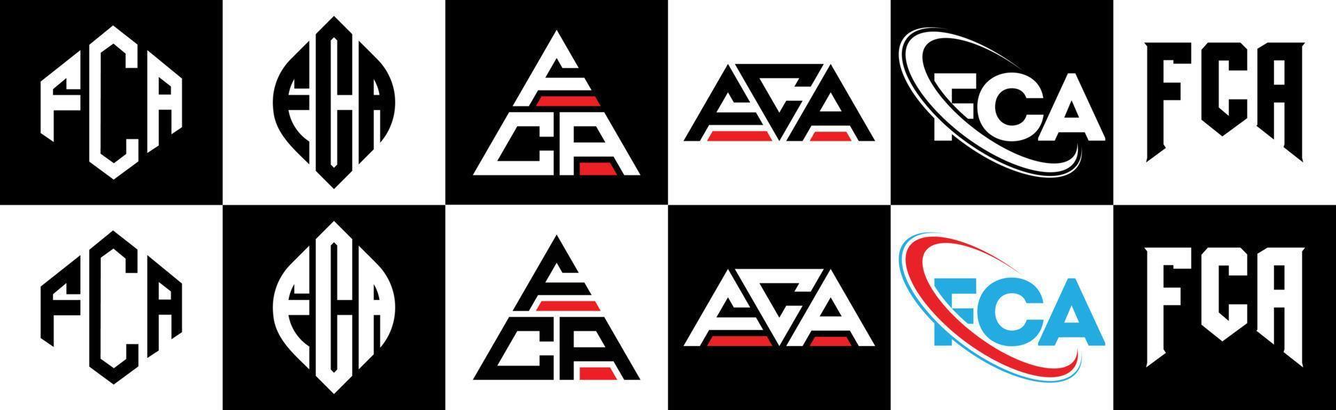 fca brev logotyp design i sex stil. fca polygon, cirkel, triangel, sexhörning, platt och enkel stil med svart och vit Färg variation brev logotyp uppsättning i ett rittavla. fca minimalistisk och klassisk logotyp vektor