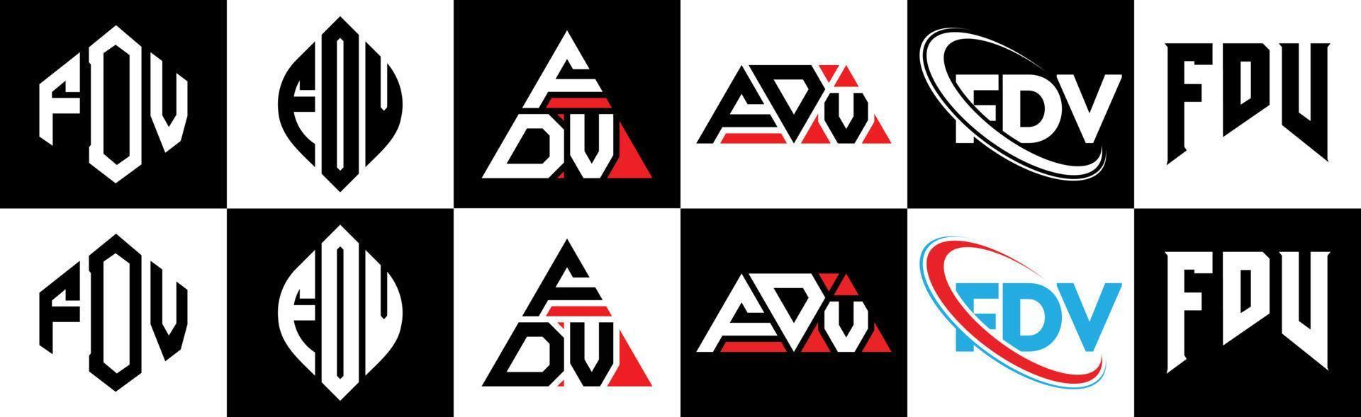 fdv brev logotyp design i sex stil. fdv polygon, cirkel, triangel, sexhörning, platt och enkel stil med svart och vit Färg variation brev logotyp uppsättning i ett rittavla. fdv minimalistisk och klassisk logotyp vektor