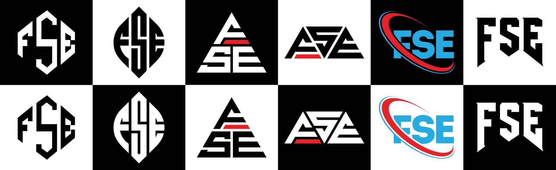 fse brev logotyp design i sex stil. fse polygon, cirkel, triangel, sexhörning, platt och enkel stil med svart och vit Färg variation brev logotyp uppsättning i ett rittavla. fse minimalistisk och klassisk logotyp vektor