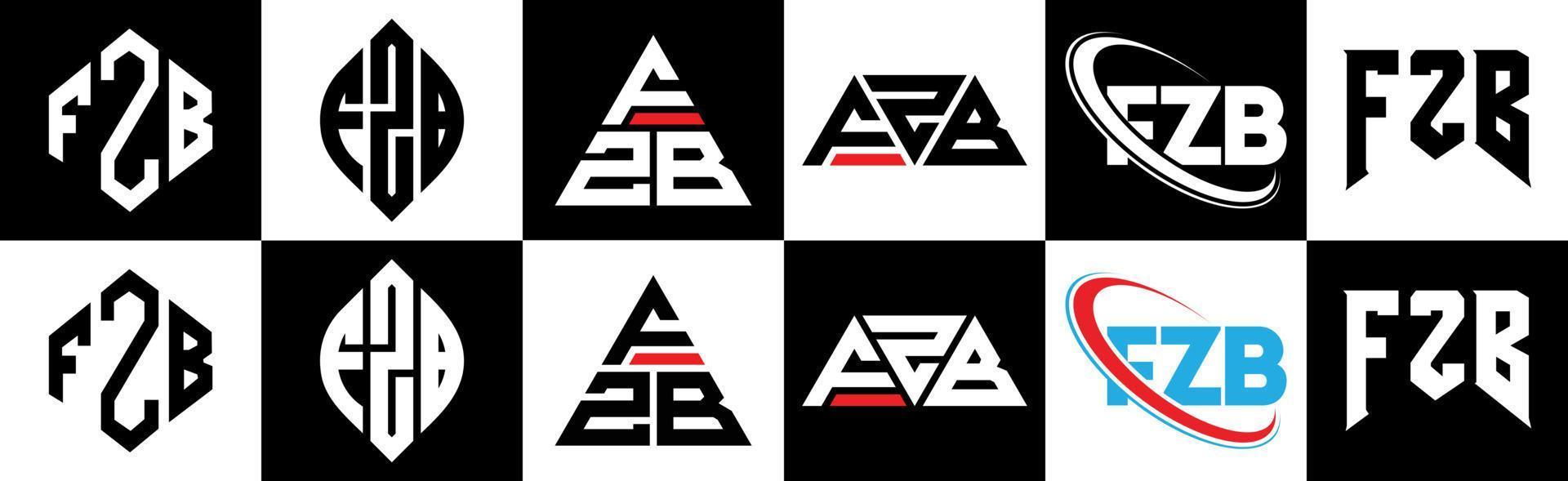 fzb brev logotyp design i sex stil. fzb polygon, cirkel, triangel, sexhörning, platt och enkel stil med svart och vit Färg variation brev logotyp uppsättning i ett rittavla. fzb minimalistisk och klassisk logotyp vektor