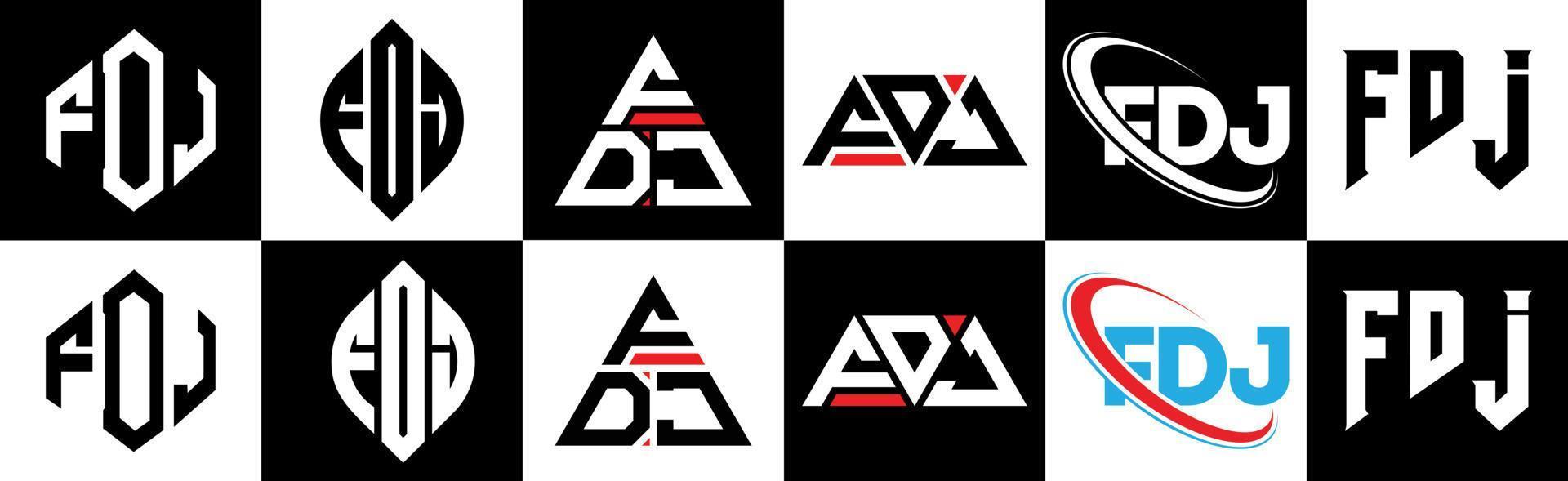 fdj brev logotyp design i sex stil. fdj polygon, cirkel, triangel, sexhörning, platt och enkel stil med svart och vit Färg variation brev logotyp uppsättning i ett rittavla. fdj minimalistisk och klassisk logotyp vektor