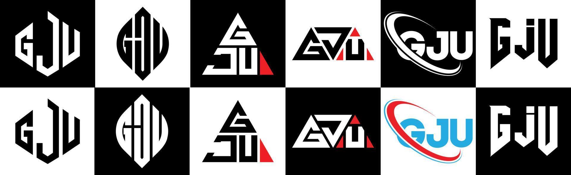 gju brev logotyp design i sex stil. gju polygon, cirkel, triangel, sexhörning, platt och enkel stil med svart och vit Färg variation brev logotyp uppsättning i ett rittavla. gju minimalistisk och klassisk logotyp vektor