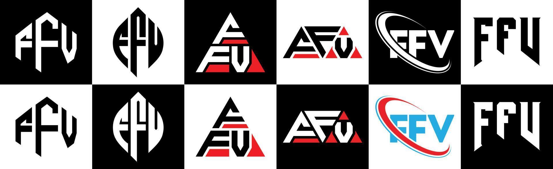 ffv-Buchstaben-Logo-Design in sechs Stilen. ffv Polygon, Kreis, Dreieck, Sechseck, flacher und einfacher Stil mit schwarz-weißem Buchstabenlogo in einer Zeichenfläche. ffv minimalistisches und klassisches Logo vektor