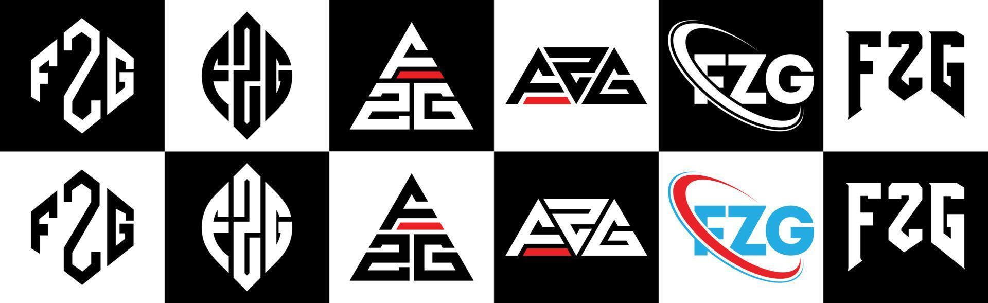 fzg brev logotyp design i sex stil. fzg polygon, cirkel, triangel, sexhörning, platt och enkel stil med svart och vit Färg variation brev logotyp uppsättning i ett rittavla. fzg minimalistisk och klassisk logotyp vektor