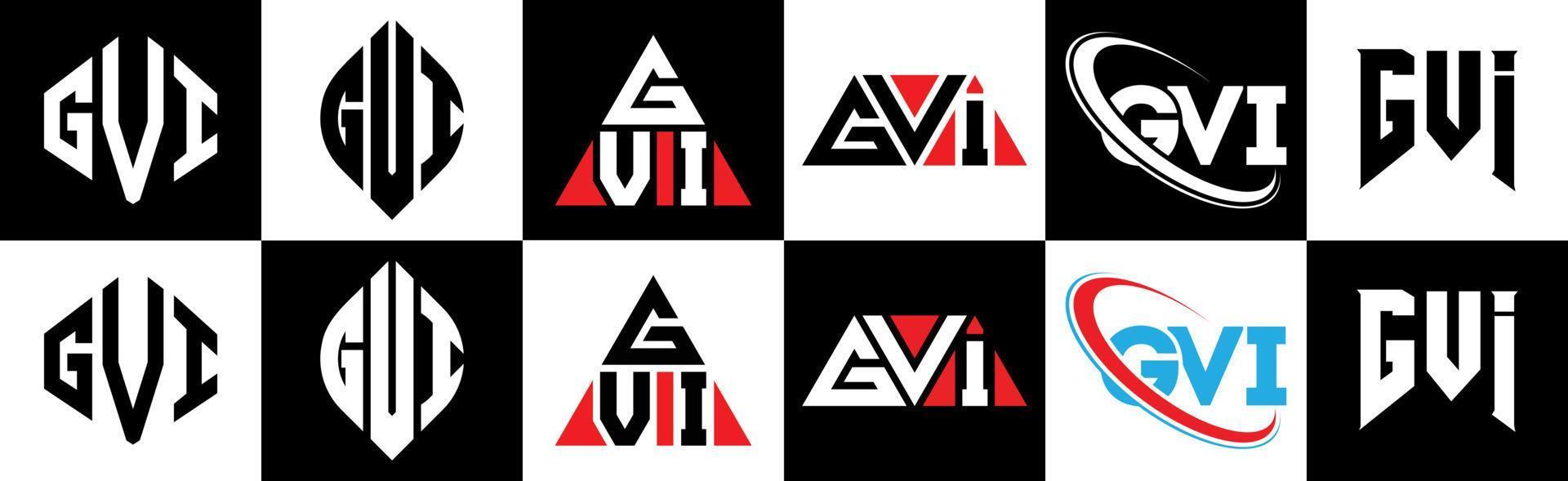 Gvi-Brief-Logo-Design in sechs Stilen. gvi polygon, kreis, dreieck, sechseck, flacher und einfacher stil mit schwarz-weißem buchstabenlogo in einer zeichenfläche. Gvi minimalistisches und klassisches Logo vektor