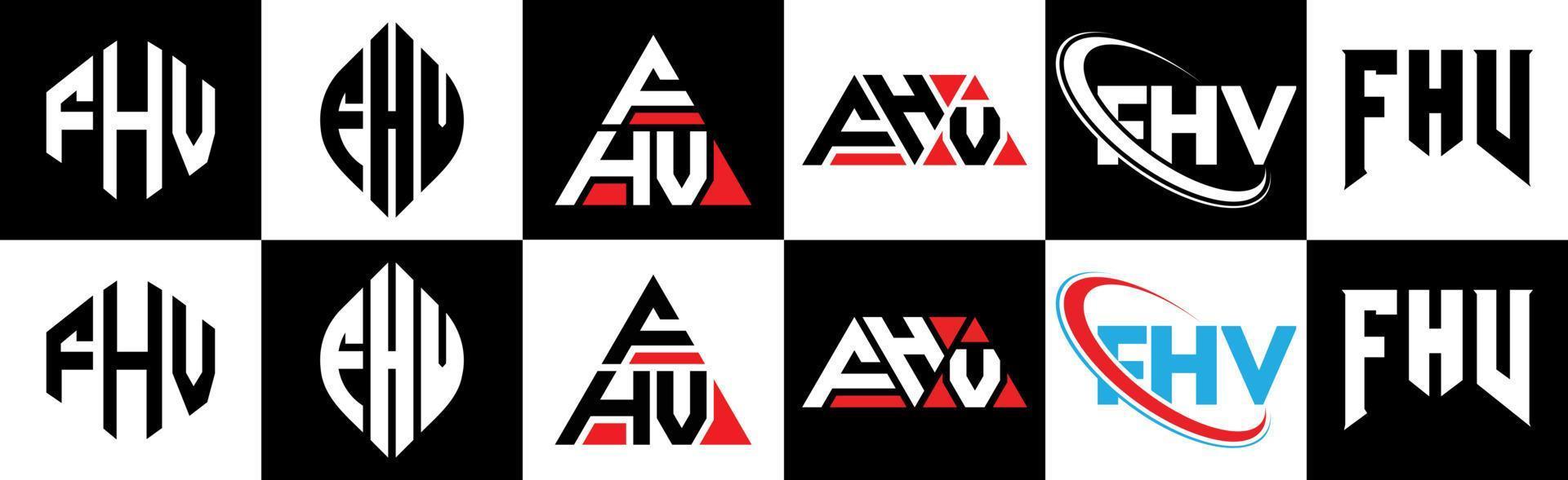 fhv brev logotyp design i sex stil. fhv polygon, cirkel, triangel, sexhörning, platt och enkel stil med svart och vit Färg variation brev logotyp uppsättning i ett rittavla. fhv minimalistisk och klassisk logotyp vektor