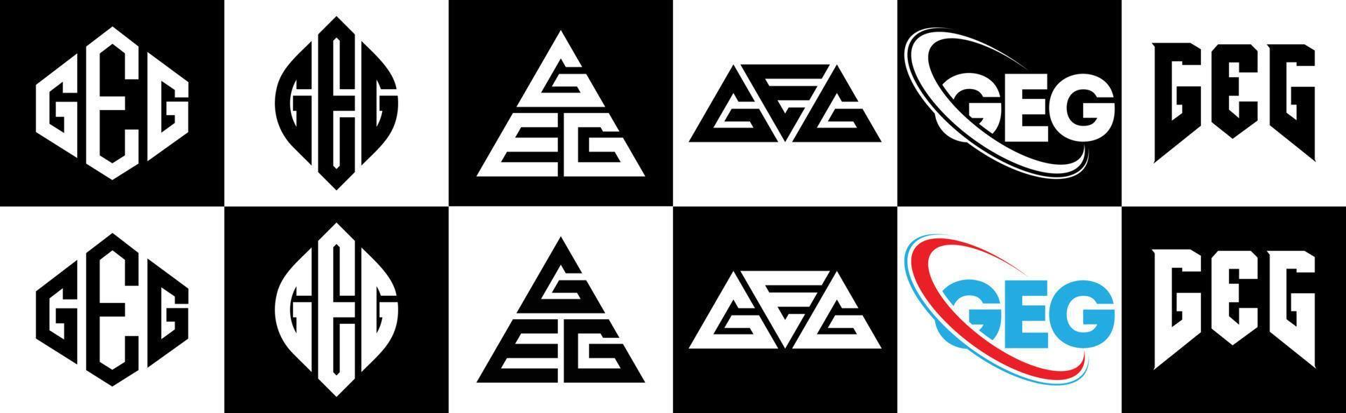 geg-Buchstaben-Logo-Design in sechs Stilen. geg polygon, kreis, dreieck, sechseck, flacher und einfacher stil mit schwarz-weißem buchstabenlogo in einer zeichenfläche. geg minimalistisches und klassisches Logo vektor