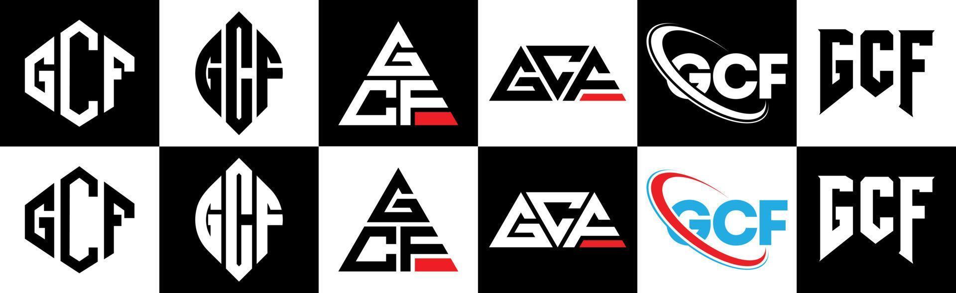 gcf brev logotyp design i sex stil. gcf polygon, cirkel, triangel, sexhörning, platt och enkel stil med svart och vit Färg variation brev logotyp uppsättning i ett rittavla. gcf minimalistisk och klassisk logotyp vektor