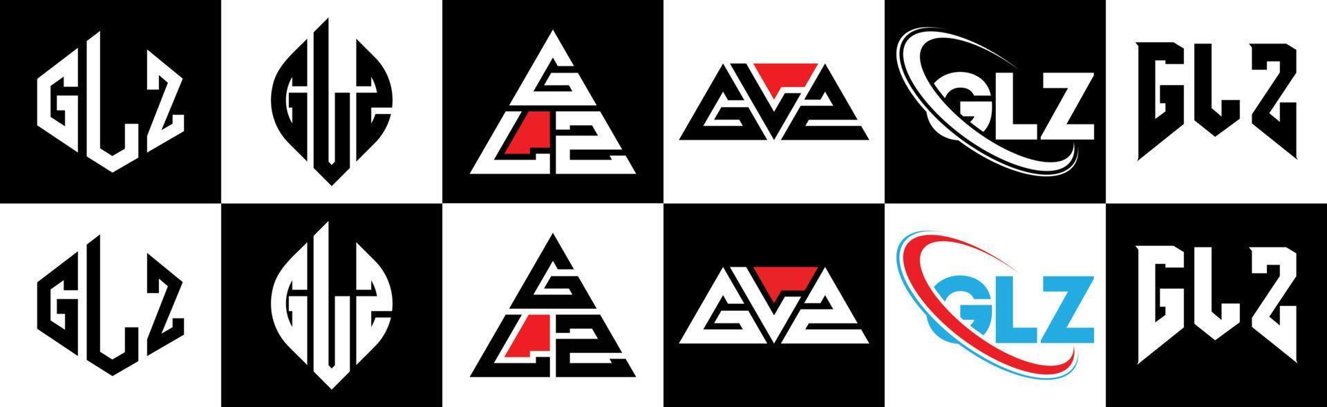 glz-Buchstaben-Logo-Design in sechs Stilen. glz Polygon, Kreis, Dreieck, Sechseck, flacher und einfacher Stil mit schwarz-weißem Buchstabenlogo in einer Zeichenfläche. glz minimalistisches und klassisches logo vektor