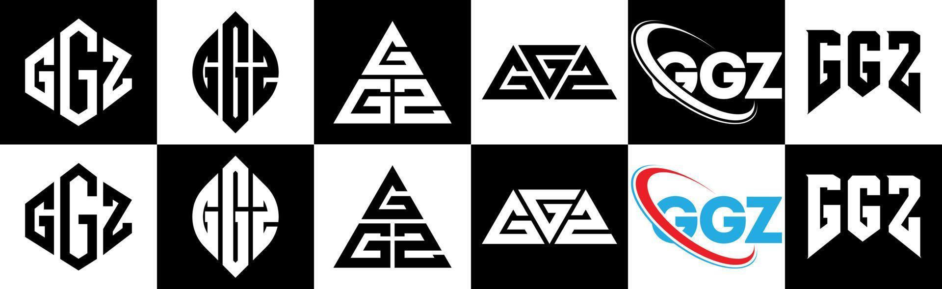 ggz-Buchstaben-Logo-Design in sechs Stilen. ggz polygon, kreis, dreieck, sechseck, flach und einfacher stil mit schwarz-weißem buchstabenlogo in einer zeichenfläche. ggz minimalistisches und klassisches Logo vektor