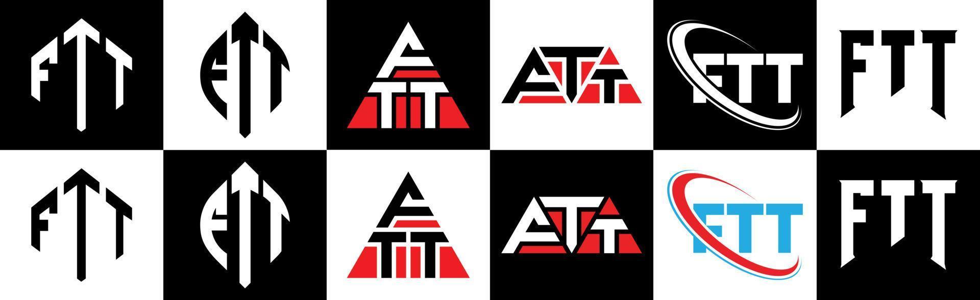 ftt-Buchstaben-Logo-Design in sechs Stilen. ftt polygon, kreis, dreieck, sechseck, flacher und einfacher stil mit schwarz-weißem buchstabenlogo in einer zeichenfläche. ftt minimalistisches und klassisches Logo vektor