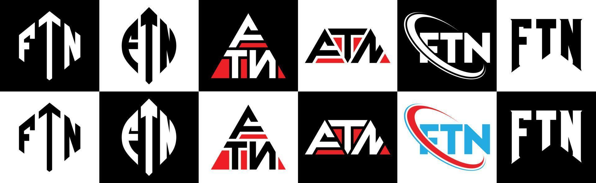 ftn brev logotyp design i sex stil. ftn polygon, cirkel, triangel, sexhörning, platt och enkel stil med svart och vit Färg variation brev logotyp uppsättning i ett rittavla. ftn minimalistisk och klassisk logotyp vektor