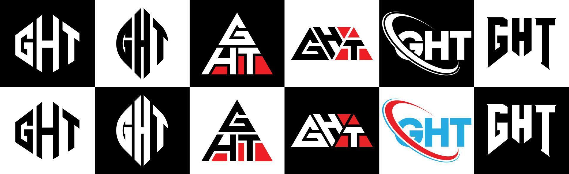 ght-Buchstaben-Logo-Design in sechs Stilen. Ght-Polygon, Kreis, Dreieck, Sechseck, flacher und einfacher Stil mit schwarz-weißem Buchstabenlogo in einer Zeichenfläche. Helles minimalistisches und klassisches Logo vektor