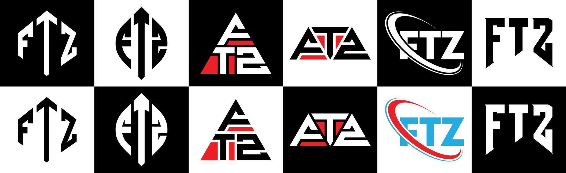 ftz-Buchstaben-Logo-Design in sechs Stilen. ftz polygon, kreis, dreieck, sechseck, flacher und einfacher stil mit schwarz-weißem buchstabenlogo in einer zeichenfläche. ftz minimalistisches und klassisches Logo vektor