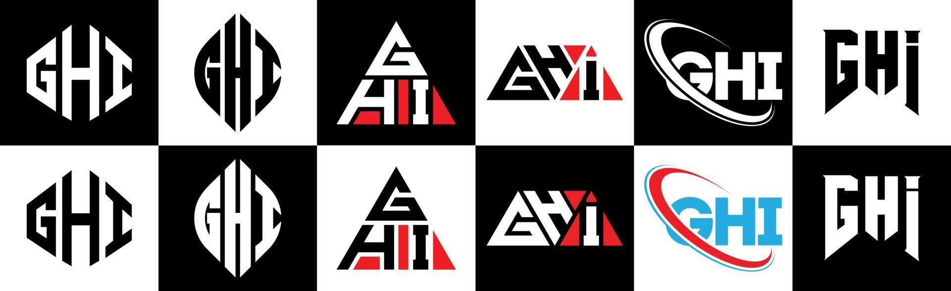 ghi brev logotyp design i sex stil. ghi polygon, cirkel, triangel, sexhörning, platt och enkel stil med svart och vit Färg variation brev logotyp uppsättning i ett rittavla. ghi minimalistisk och klassisk logotyp vektor