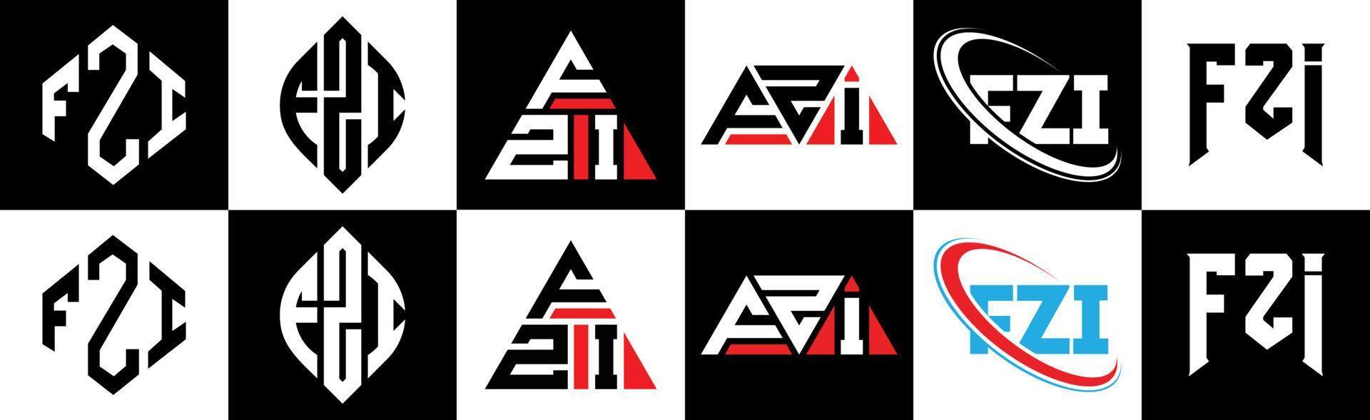 fzi brev logotyp design i sex stil. fzi polygon, cirkel, triangel, sexhörning, platt och enkel stil med svart och vit Färg variation brev logotyp uppsättning i ett rittavla. fzi minimalistisk och klassisk logotyp vektor