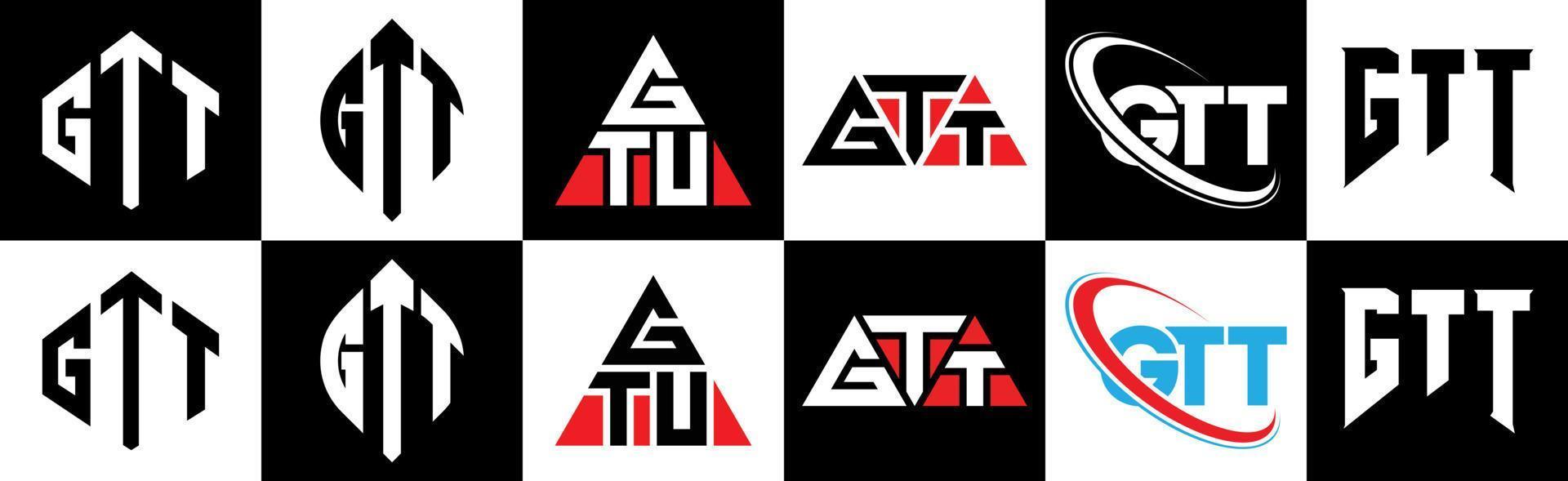 gtt-Buchstaben-Logo-Design in sechs Stilen. GTT-Polygon, Kreis, Dreieck, Sechseck, flacher und einfacher Stil mit schwarz-weißem Buchstabenlogo in einer Zeichenfläche. gtt minimalistisches und klassisches logo vektor