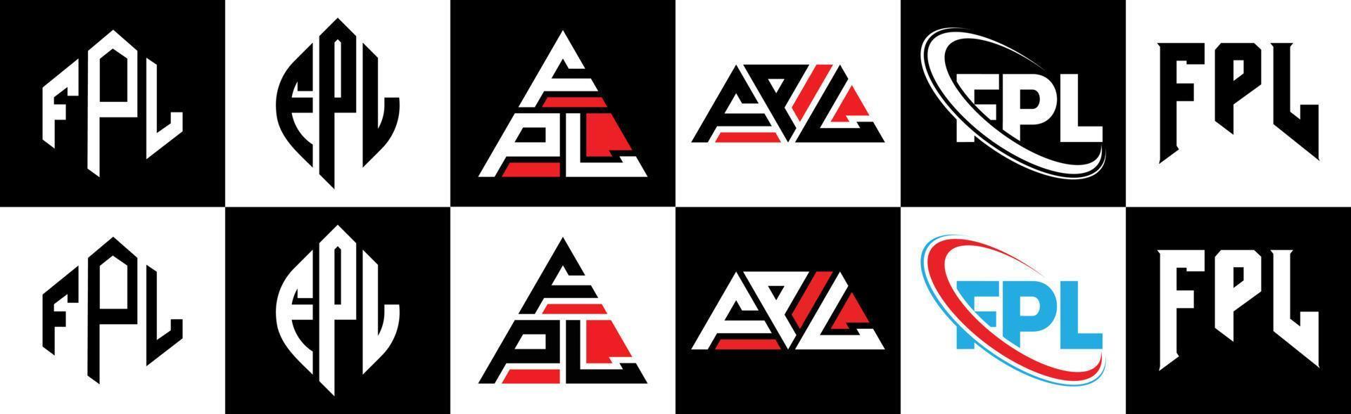 fpl-Buchstaben-Logo-Design in sechs Stilen. fpl polygon, kreis, dreieck, sechseck, flacher und einfacher stil mit schwarz-weißem buchstabenlogo in einer zeichenfläche. fpl minimalistisches und klassisches Logo vektor