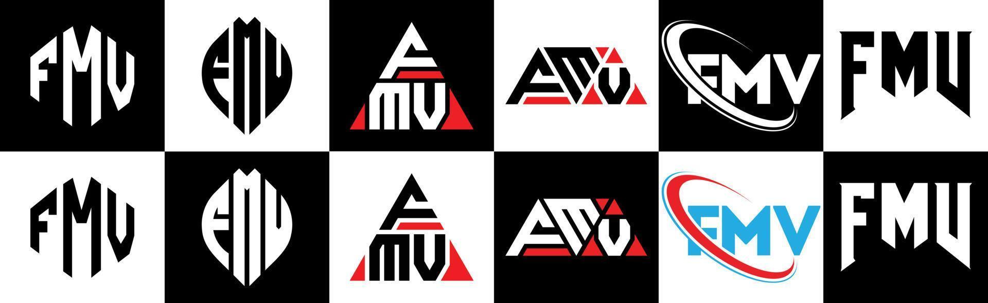 fmv-Buchstaben-Logo-Design in sechs Stilen. fmv polygon, kreis, dreieck, hexagon, flacher und einfacher stil mit schwarz-weißem buchstabenlogo in einer zeichenfläche. fmv minimalistisches und klassisches Logo vektor