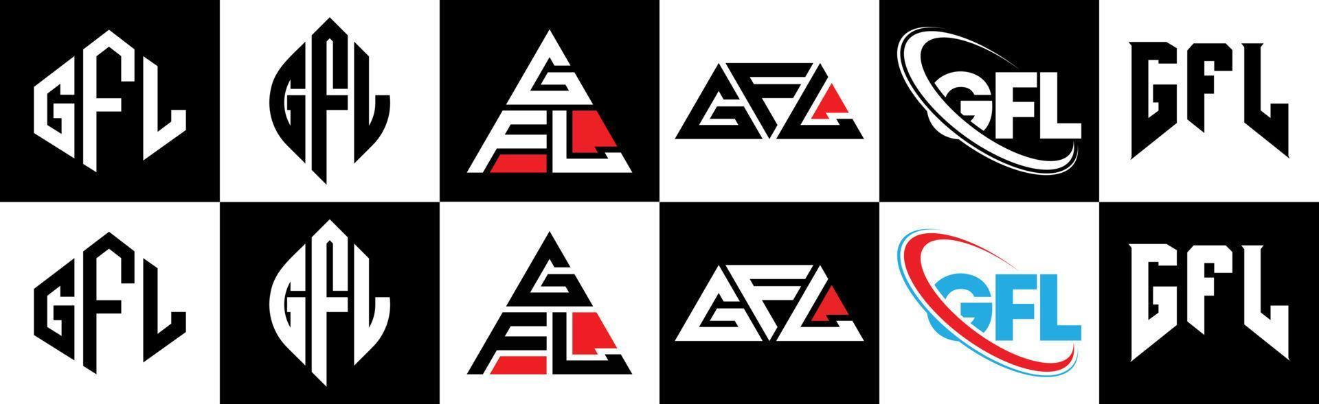 gfl-Buchstaben-Logo-Design in sechs Stilen. gfl polygon, kreis, dreieck, sechseck, flacher und einfacher stil mit schwarz-weißem buchstabenlogo in einer zeichenfläche. gfl minimalistisches und klassisches Logo vektor