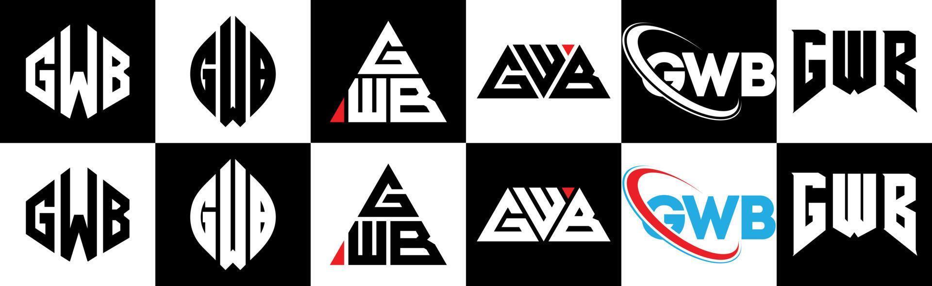 gwb brev logotyp design i sex stil. gwb polygon, cirkel, triangel, sexhörning, platt och enkel stil med svart och vit Färg variation brev logotyp uppsättning i ett rittavla. gwb minimalistisk och klassisk logotyp vektor