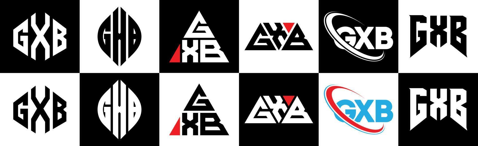 gxb-Buchstaben-Logo-Design in sechs Stilen. gxb Polygon, Kreis, Dreieck, Sechseck, flacher und einfacher Stil mit schwarz-weißem Buchstabenlogo in einer Zeichenfläche. gxb minimalistisches und klassisches logo vektor