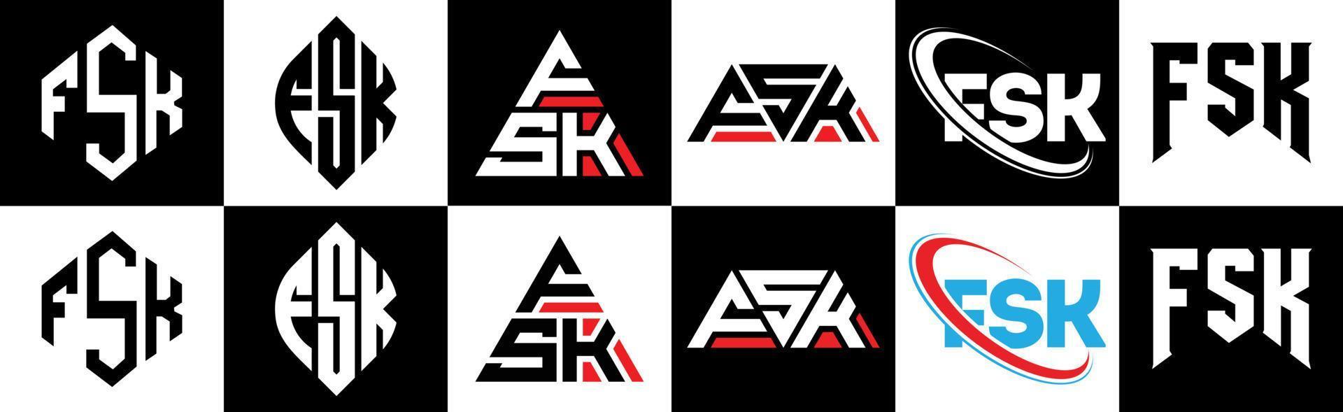 fsk brev logotyp design i sex stil. fsk polygon, cirkel, triangel, sexhörning, platt och enkel stil med svart och vit Färg variation brev logotyp uppsättning i ett rittavla. fsk minimalistisk och klassisk logotyp vektor