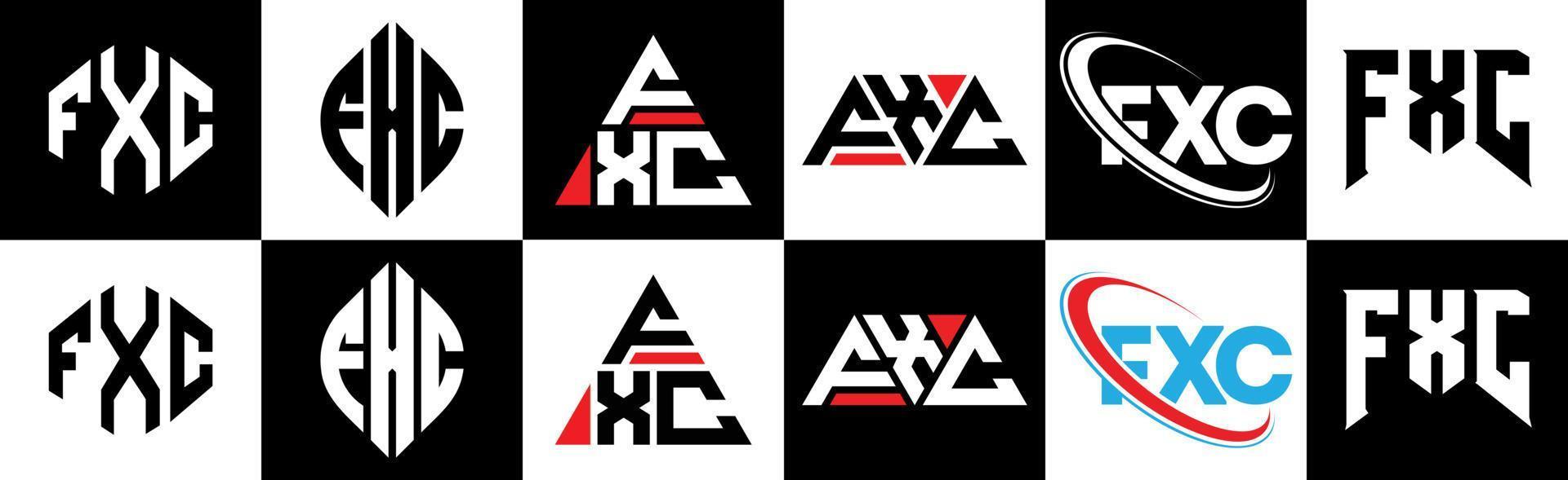 fxc brev logotyp design i sex stil. fxc polygon, cirkel, triangel, sexhörning, platt och enkel stil med svart och vit Färg variation brev logotyp uppsättning i ett rittavla. fxc minimalistisk och klassisk logotyp vektor