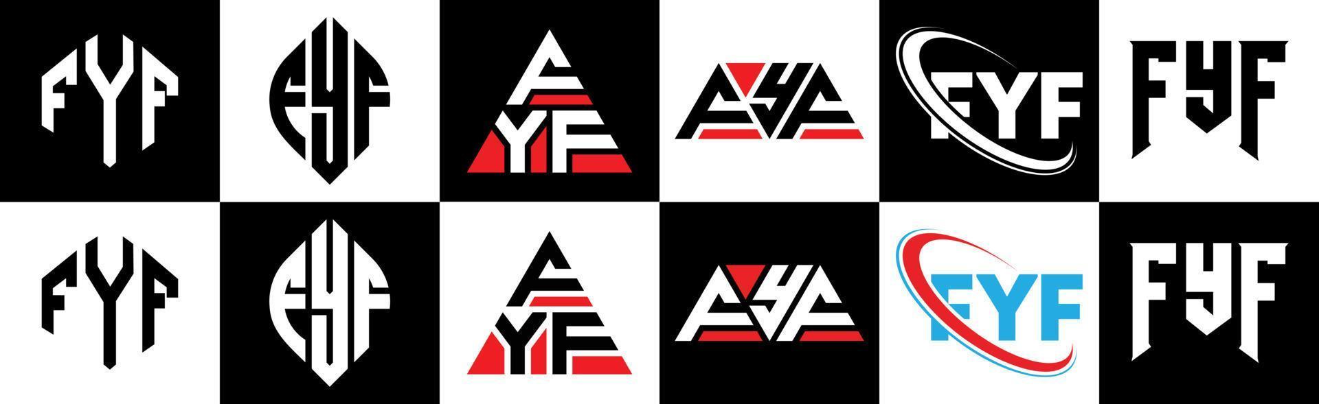 fyf-Buchstaben-Logo-Design in sechs Stilen. fyf polygon, kreis, dreieck, sechseck, flacher und einfacher stil mit schwarz-weißem buchstabenlogo in einer zeichenfläche. fyf minimalistisches und klassisches Logo vektor
