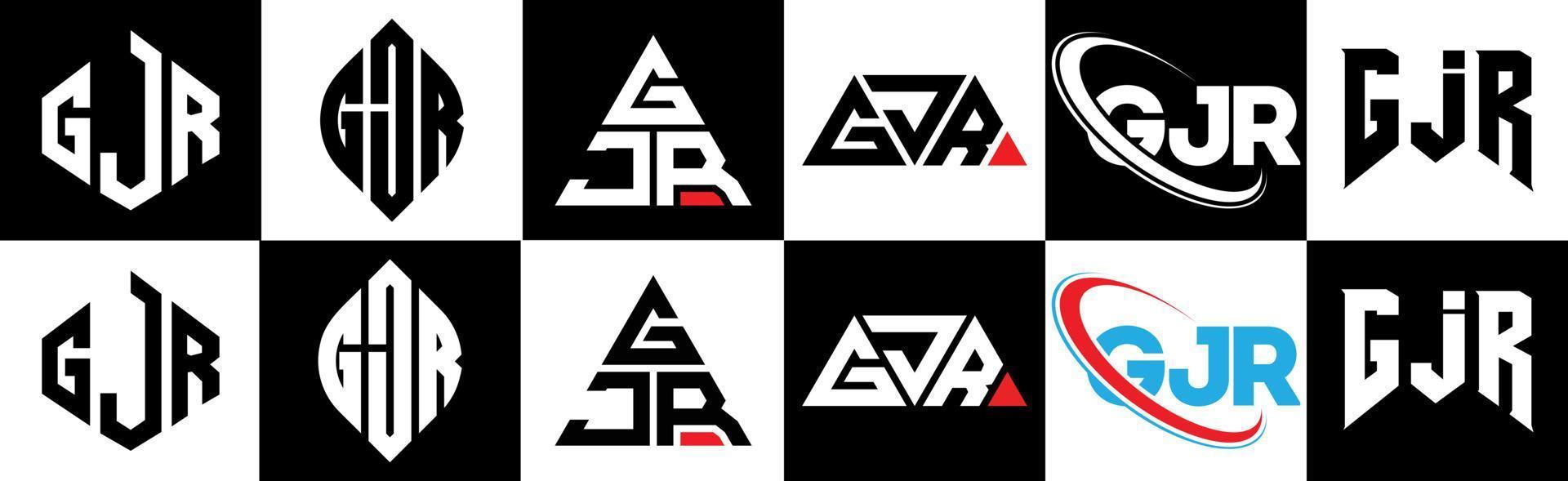 gjr-Buchstaben-Logo-Design in sechs Stilen. gjr polygon, kreis, dreieck, sechseck, flacher und einfacher stil mit schwarz-weißem buchstabenlogo in einer zeichenfläche. GJR minimalistisches und klassisches Logo vektor