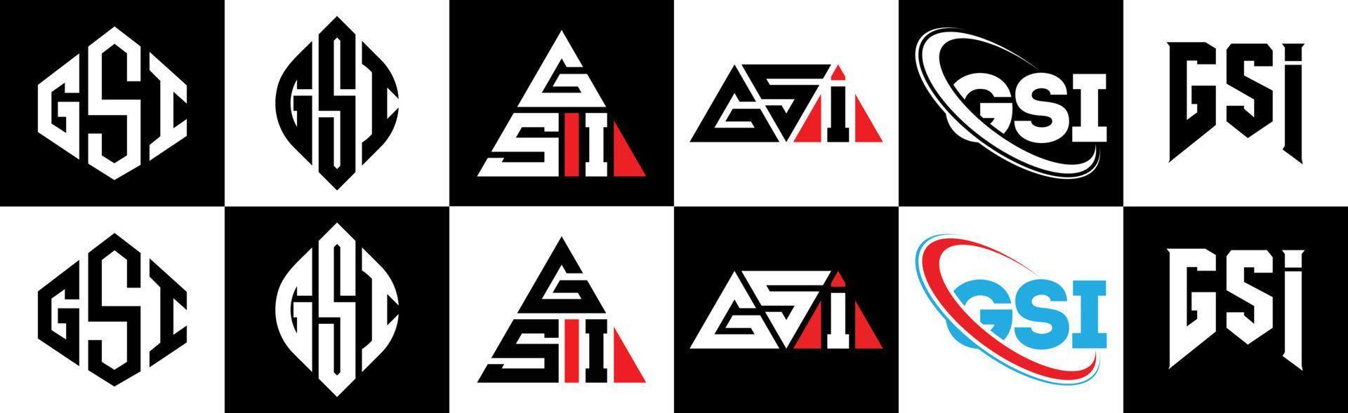 gsi-brief-logo-design in sechs stilen. gsi-polygon, kreis, dreieck, sechseck, flacher und einfacher stil mit schwarz-weißem buchstabenlogo in einer zeichenfläche. gsi minimalistisches und klassisches logo vektor