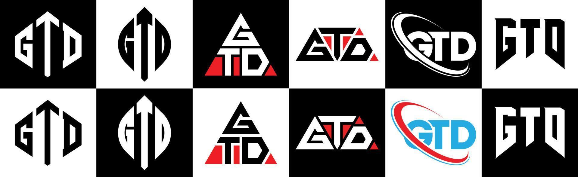 gtd-Buchstaben-Logo-Design in sechs Stilen. gtd polygon, kreis, dreieck, sechseck, flach und einfacher stil mit schwarz-weißem buchstabenlogo in einer zeichenfläche. gtd minimalistisches und klassisches Logo vektor