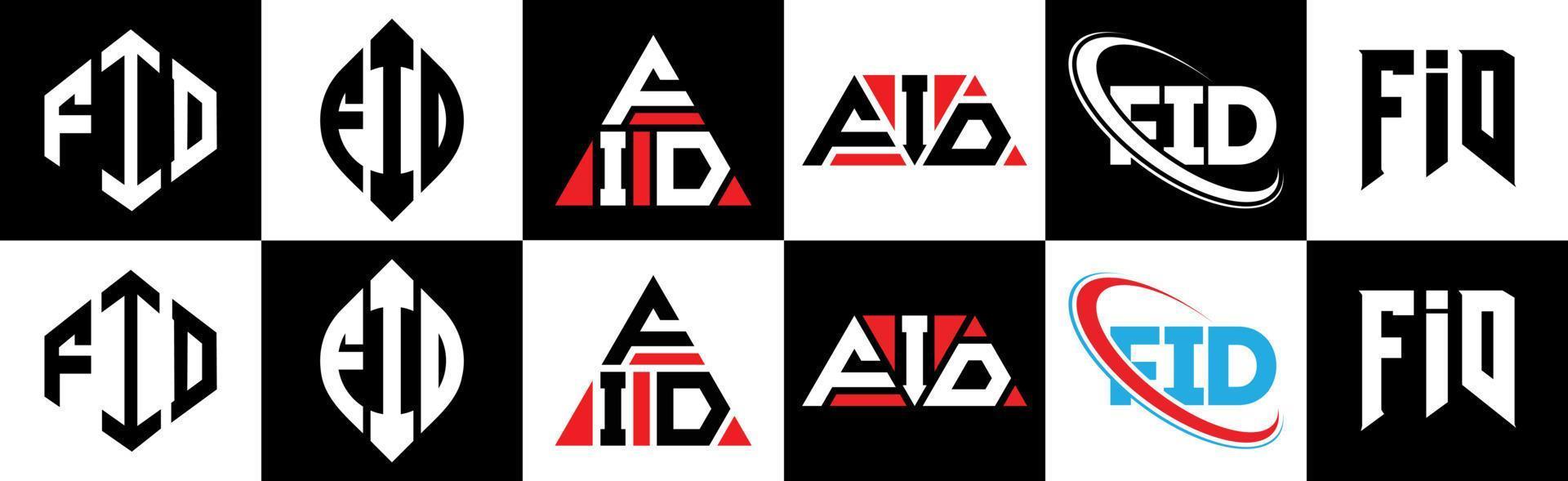 fid brev logotyp design i sex stil. fid polygon, cirkel, triangel, sexhörning, platt och enkel stil med svart och vit Färg variation brev logotyp uppsättning i ett rittavla. fid minimalistisk och klassisk logotyp vektor