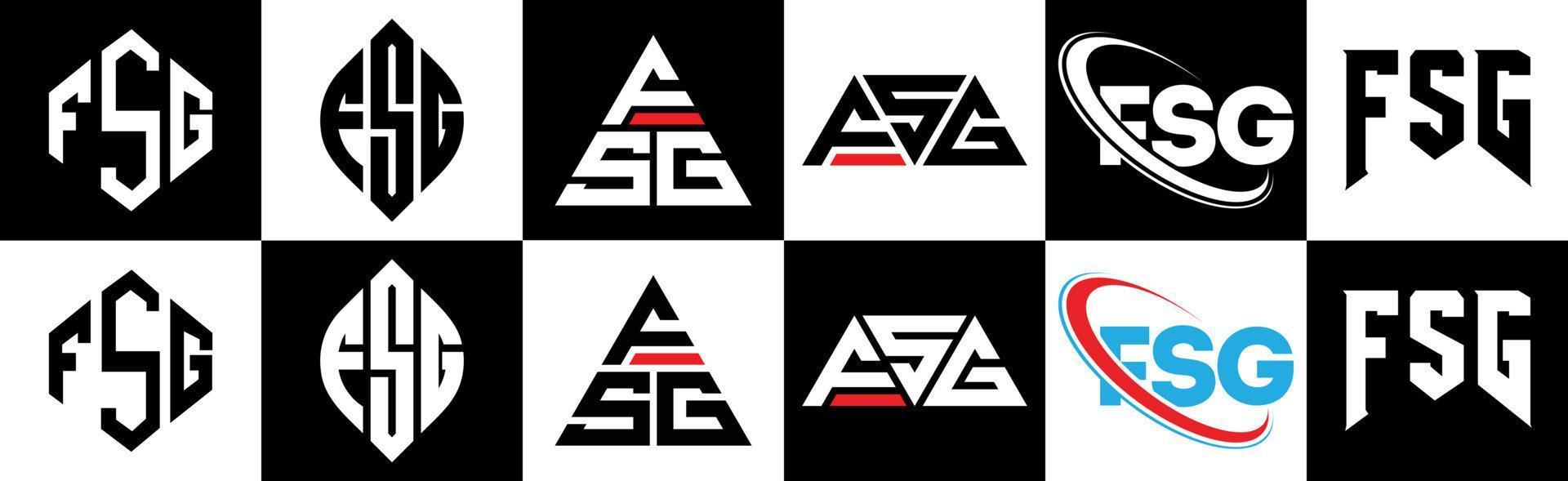 fsg brev logotyp design i sex stil. fsg polygon, cirkel, triangel, sexhörning, platt och enkel stil med svart och vit Färg variation brev logotyp uppsättning i ett rittavla. fsg minimalistisk och klassisk logotyp vektor