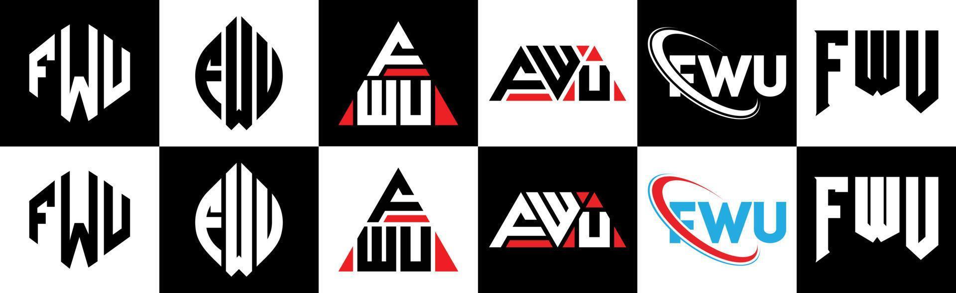 fwu brev logotyp design i sex stil. fwu polygon, cirkel, triangel, sexhörning, platt och enkel stil med svart och vit Färg variation brev logotyp uppsättning i ett rittavla. fwu minimalistisk och klassisk logotyp vektor