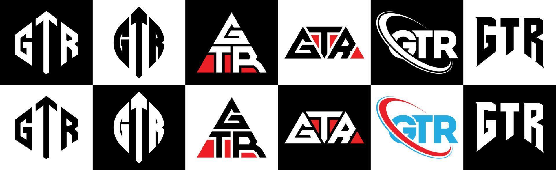 gtr-Brief-Logo-Design in sechs Stilen. gtr polygon, kreis, dreieck, sechseck, flacher und einfacher stil mit schwarz-weißem buchstabenlogo in einer zeichenfläche. gtr minimalistisches und klassisches logo vektor