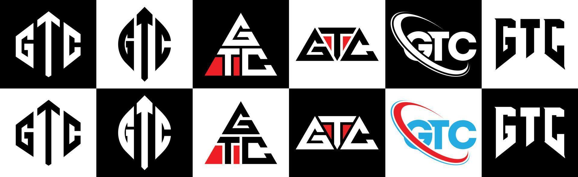 gtc brev logotyp design i sex stil. gtc polygon, cirkel, triangel, sexhörning, platt och enkel stil med svart och vit Färg variation brev logotyp uppsättning i ett rittavla. gtc minimalistisk och klassisk logotyp vektor