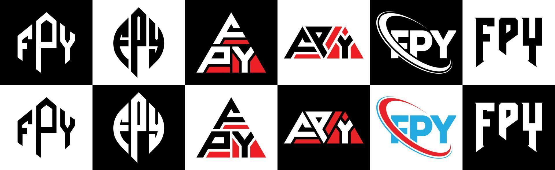 fpy brev logotyp design i sex stil. fpy polygon, cirkel, triangel, sexhörning, platt och enkel stil med svart och vit Färg variation brev logotyp uppsättning i ett rittavla. fpy minimalistisk och klassisk logotyp vektor