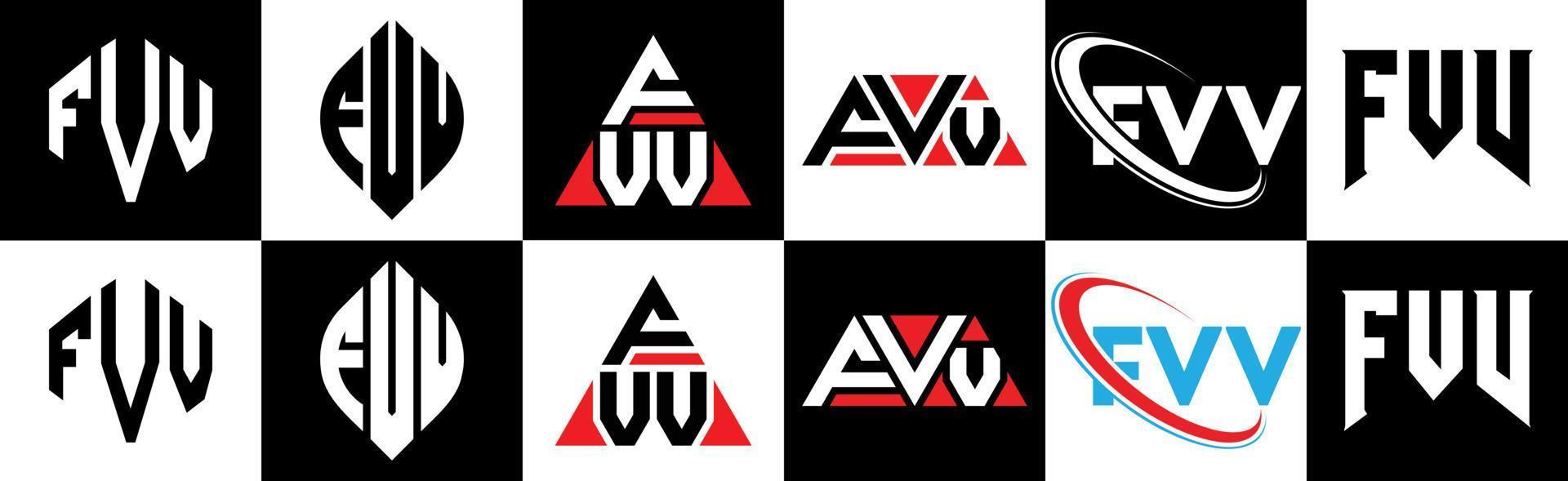 fvv-Buchstaben-Logo-Design in sechs Stilen. fvv Polygon, Kreis, Dreieck, Sechseck, flacher und einfacher Stil mit schwarz-weißem Buchstabenlogo in einer Zeichenfläche. fvv minimalistisches und klassisches Logo vektor