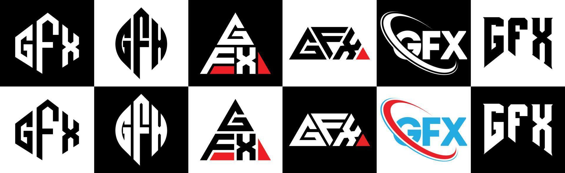 gfx brev logotyp design i sex stil. gfx polygon, cirkel, triangel, sexhörning, platt och enkel stil med svart och vit Färg variation brev logotyp uppsättning i ett rittavla. gfx minimalistisk och klassisk logotyp vektor