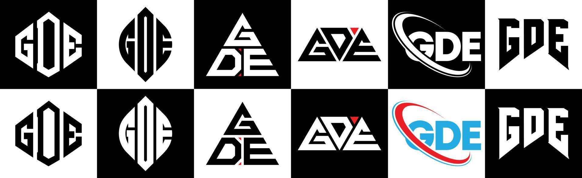 gde-Buchstaben-Logo-Design in sechs Stilen. GDE-Polygon, Kreis, Dreieck, Sechseck, flacher und einfacher Stil mit schwarz-weißem Buchstabenlogo in einer Zeichenfläche. gde minimalistisches und klassisches Logo vektor