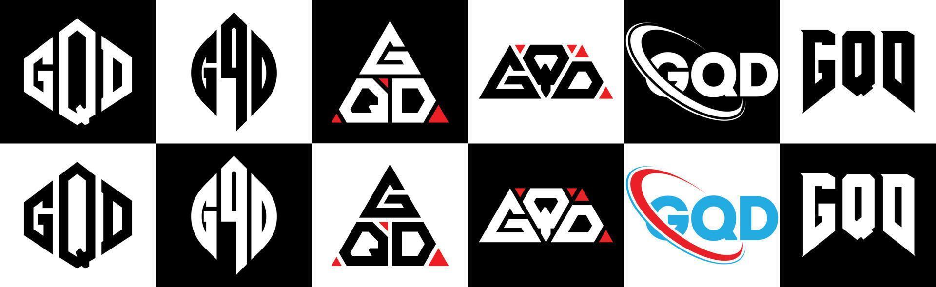 gqd-Buchstaben-Logo-Design in sechs Stilen. gqd Polygon, Kreis, Dreieck, Sechseck, flacher und einfacher Stil mit schwarz-weißem Buchstabenlogo in einer Zeichenfläche. gqd minimalistisches und klassisches Logo vektor