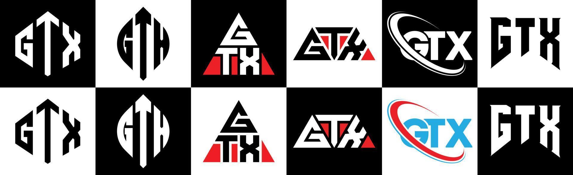 gtx-Buchstaben-Logo-Design in sechs Stilen. gtx polygon, kreis, dreieck, sechseck, flacher und einfacher stil mit schwarz-weißem buchstabenlogo in einer zeichenfläche. GTX minimalistisches und klassisches Logo vektor