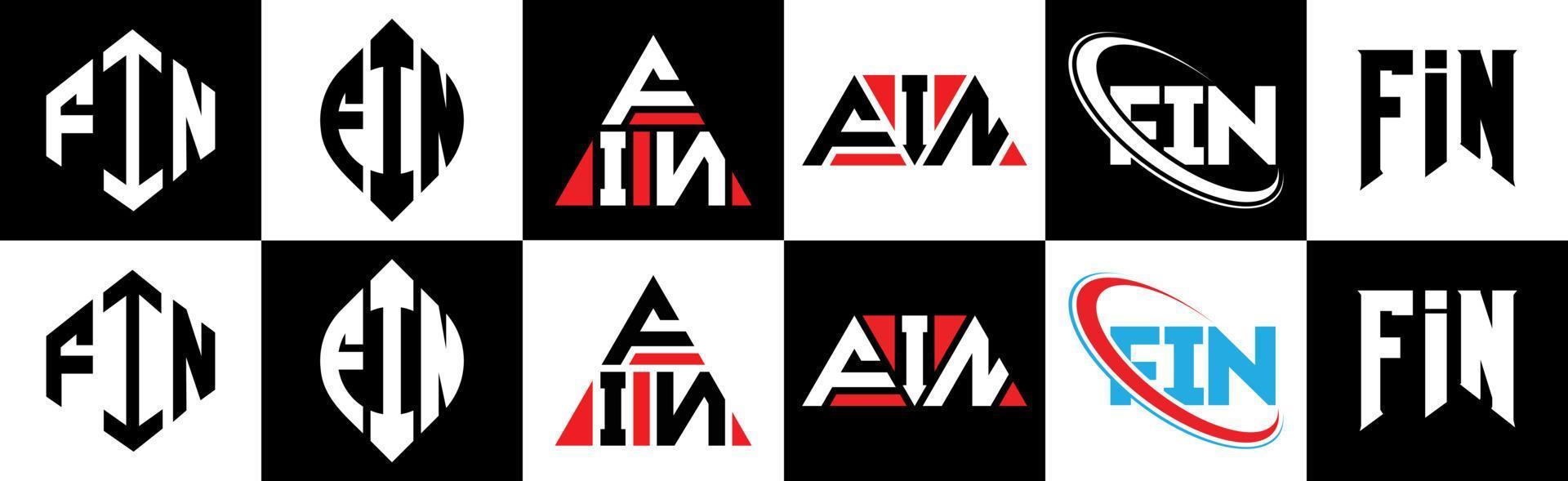 Fin-Brief-Logo-Design in sechs Stilen. Flossenpolygon, Kreis, Dreieck, Sechseck, flacher und einfacher Stil mit schwarz-weißem Buchstabenlogo in einer Zeichenfläche. Fin minimalistisches und klassisches Logo vektor